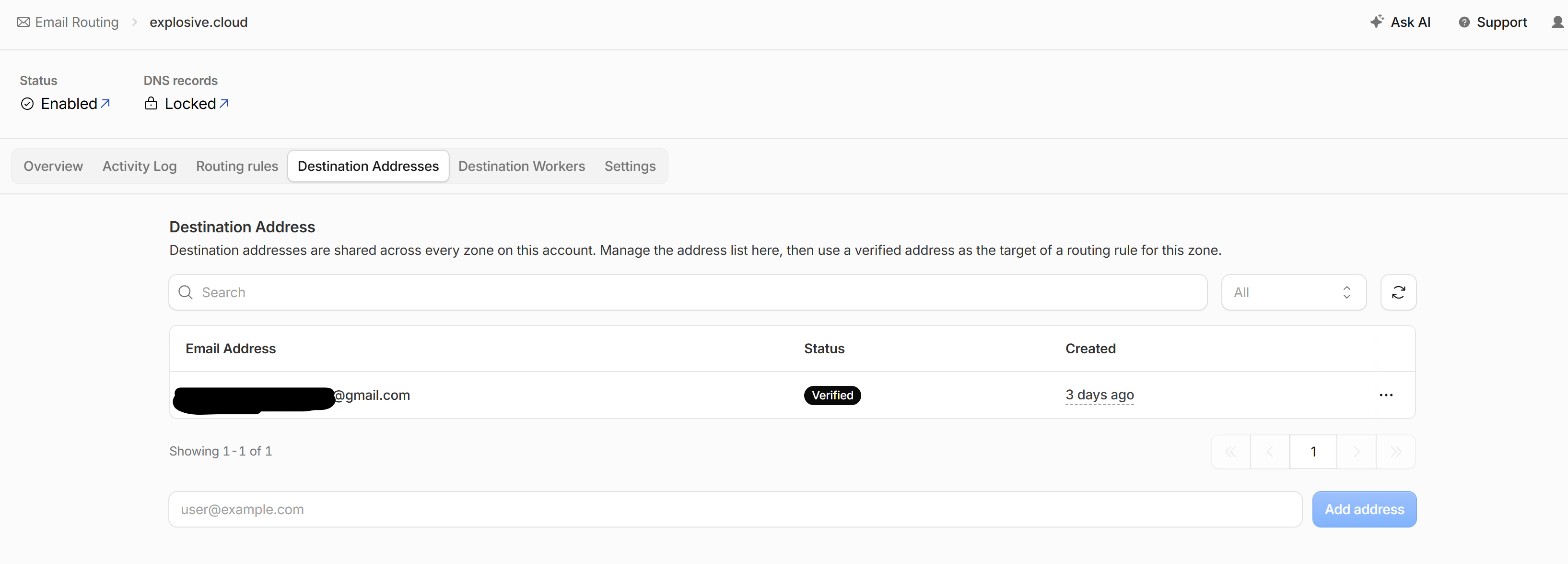 Cloudflare Email Routing Destination Addresses page showing a verified Gmail destination