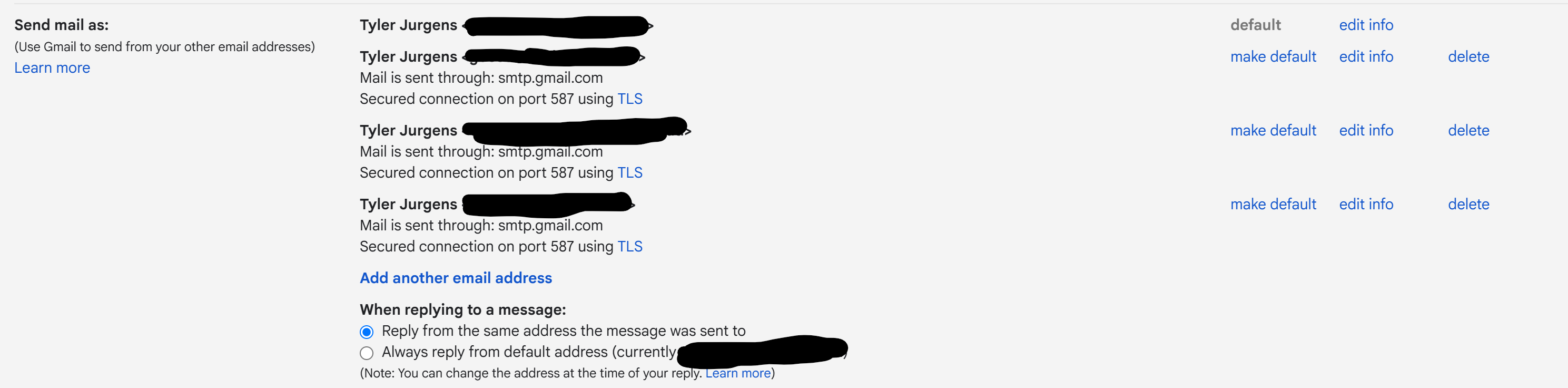 Gmail Send mail as settings using smtp.gmail.com on port 587 with TLS and reply-from-the-same-address enabled