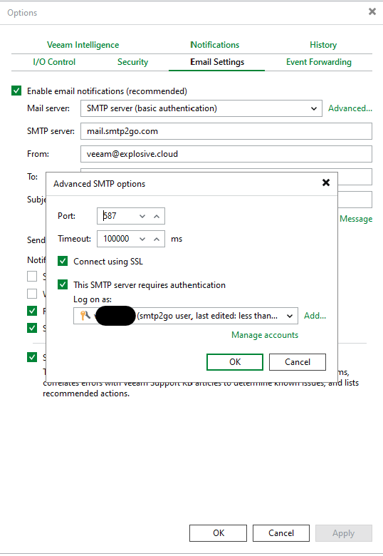 Veeam Backup & Replication Advanced SMTP Options using port 587 with SSL and authentication enabled