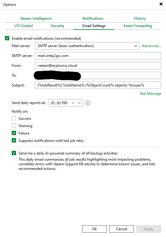 Veeam Backup & Replication Email Settings configured to send notifications through SMTP2GO